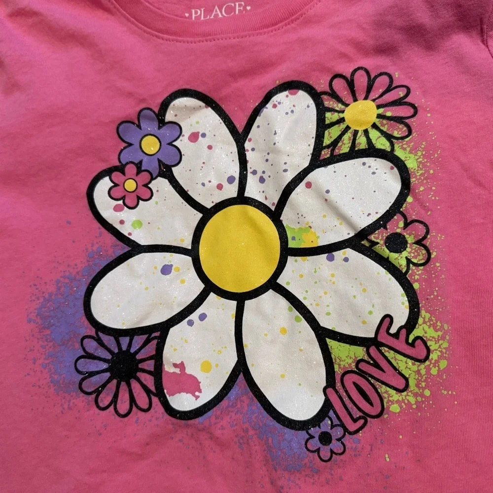 Girls Pink Floral Love Graphic Tee Size‎ L 10/12 Short Sleeve Cotton Top